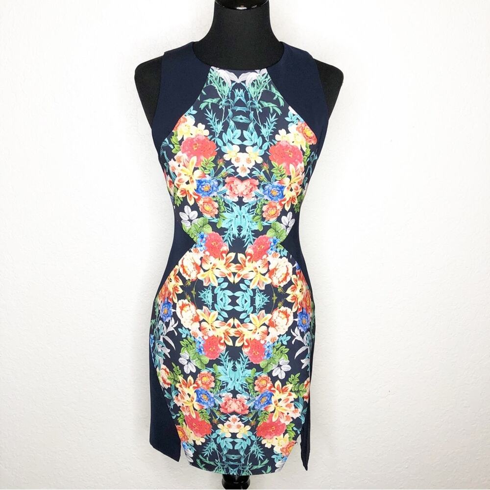 Keepsake the Label navy blue orange floral sleeveless sheath dress size Small